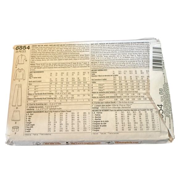 Simplicity 8854 Size 11/12-15/16 Sewing Pattern UNCUT Jr Grooves Pants Knit Tops - Picture 3 of 4